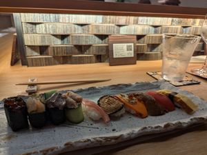 Amazing different tastes in the 10-piece sushi platter. The pickled ginger wasn't too exciting, and I didn't like the fake roe. But everything else was good! at Shojin Sushi Minamo in Osaka