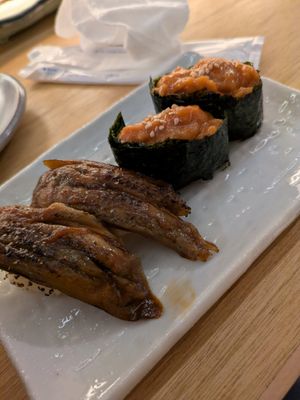 Eggplant unagi style, ume and tomato nigiri at Shojin Sushi Minamo in Osaka