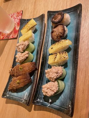 Soy Milk Cheese, Tuna Style, Shiitake, Enoki  at Shojin Sushi Minamo in Osaka