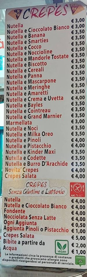 Lista opzioni per le crepes dolci at Creperia Il Carretto in Lecce