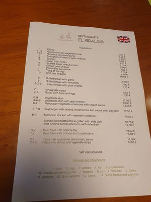 Menu at El Hidalgo in Tenerife