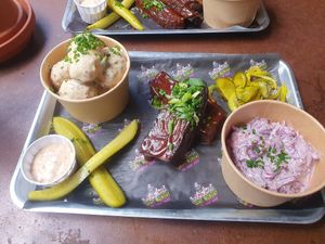 Ribs, potato salad, slaw at Saint Monday in East London