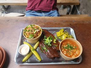 Brisket, mac and cheese, beans at Saint Monday in East London