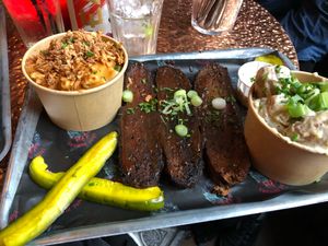 Brisket with mac'n'cheese and potato salad at Saint Monday in East London
