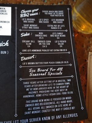 Menu 2 at Saint Monday in East London