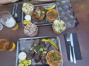 Brisket plate and ribs place withan extra side of potato salad.   at Saint Monday in East London
