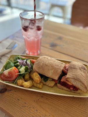 Falafel panini and tater tots, raspberry lemonade.  at Esquires Coffee - Caerphilly in Caerphilly