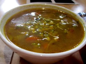 Soup of the day (cooked) : vegetable and garam masala soup. at Om Prana in Quebec