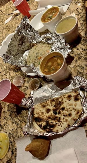 Well packed delivery. Mushroom mattar, fried rice, samosa, lentil soup, naan, mixed vegetable.  at Himalayan Restaurant in Big Bear Lake