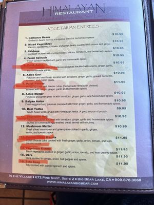 Vegetarian options. I put red lines through non-vegan options. They also have rice and roti that are vegan-friendly    at Himalayan Restaurant in Big Bear Lake