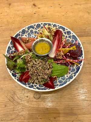 Gut-loving bowl, organic quinoa, beetroot, poached pear, apple, avocado, maple dressing at The Gun Pub in Heathfield