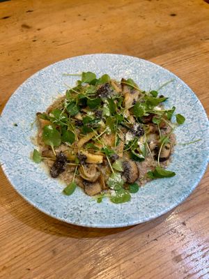 Wild mushroom, tarragon & truffle risotto, Twineham Grange parmesan, watercress at The Gun Pub in Heathfield