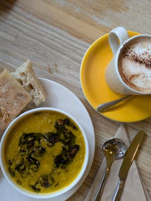 Soup of the day and an oat hot choc at Tonco Bakery in Sheffield