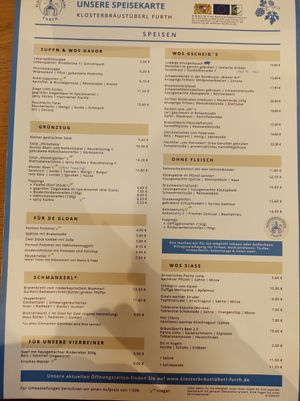 Menu as of April 2025 at Klosterbräustüberl Furth in Furth