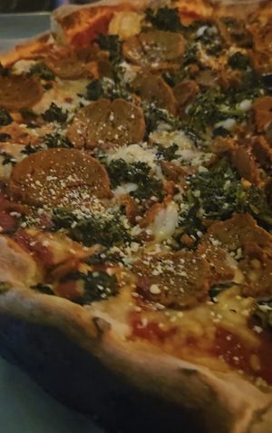 the flourentine (seitan pepperoni, vegan cheese) at DeFazio's Pizzeria in Albany