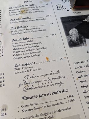 vegan options in the menu at Taberna El Santo in Ubeda
