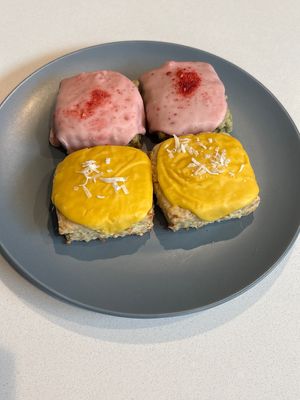 Strawberry matcha scones and coconut mango scones  at Jen's Pastries in Portland