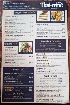 Menu at Thai-rrific in San Luis Obispo