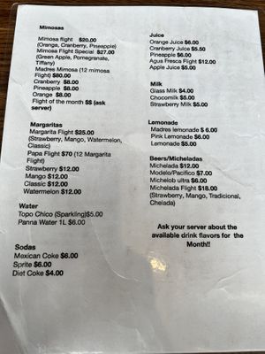 Drinks menu  at Madres Brunch in Bellflower