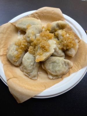 Vegan pierogi with onions at Przystanek Pierogarnia - Szewska in Krakow