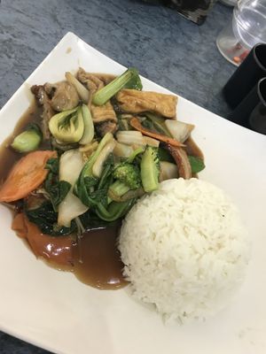 Vegan chicken and veggies with rice. So good. I love the gravy that they used.  at World Vegan in Cabramatta