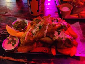 Battered tofish (funk fish) supper at Happy Fish at The Dog House in Edinburgh
