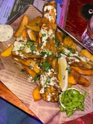 Vegan fish and chips  at Happy Fish at The Dog House in Edinburgh