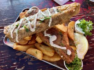 Battered funk fish supper   at Happy Fish at The Dog House in Edinburgh