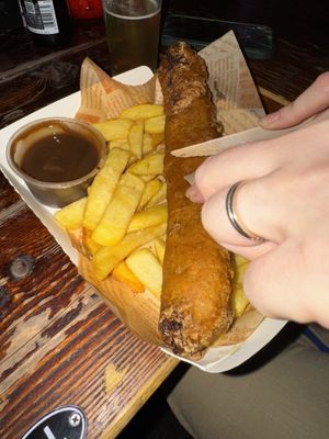 Faggis supper with added brown sauce   at Happy Fish at The Dog House in Edinburgh