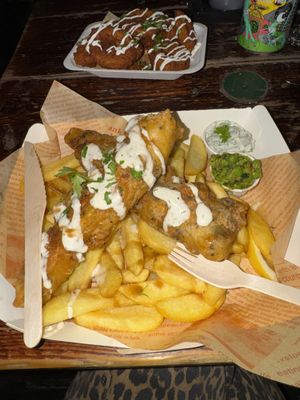 Funk fish supper with side of onion rings   at Happy Fish at The Dog House in Edinburgh