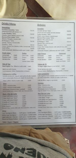 Drinks menu April 2022 at Cafe Campestre in Ometepe
