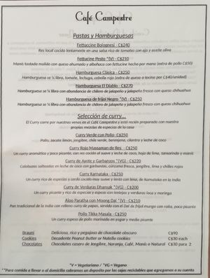 Food menu April 2022 at Cafe Campestre in Ometepe