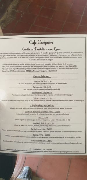 Food menu April 2022 at Cafe Campestre in Ometepe