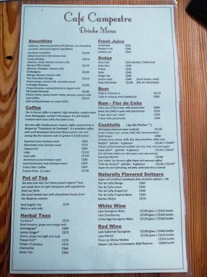Drinks menu at Cafe Campestre in Ometepe