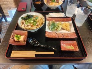 Vegan menu with tempura, tofu and udon soup at Kyoya - お食事処 京焚 in Kyoto