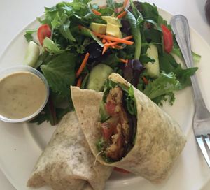 Tempeh BLT on a gluten free wrap.  side salad with tahini dressing. at Creative Juices Natural Cafe in St Augustine