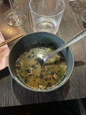 The miso soup (half eaten) #Veganuary at Sushi Studio in Aarhus