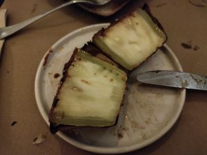 This was half of a €6.5 eggplant tapas. Disappointing. at Sesamo in Barcelona