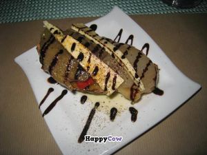 Starter - slow roast aubergine, red peppers and onions with caramelized goat cheese and rosemary oil bruschetta
I had the veganised version with tofu triangles instead of goat cheese.  It was way too oily for my taste.
 at Sesamo in Barcelona