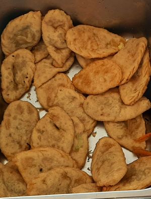 Khuushuur. 
Food at the opening event at Loving Hut in Zuunmod