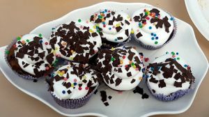 Cupcake. Food at the opening event at Loving Hut in Zuunmod