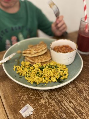 American pancakes with tofu scramble & beans  at Meo Cafe in Brighton