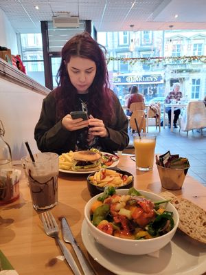 Spread including vegan burger, vegan hash, smoothie and milkshake at Vera Artisan Bakery and Kitchen in Stirling