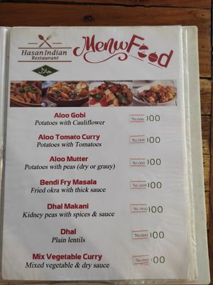 Menu page with vegan options at Hasan Indian Restaurant in Pakse