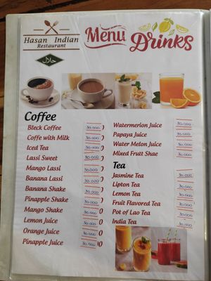 Drinks menu. Has beer as well at Hasan Indian Restaurant in Pakse