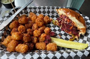 BBQ Vegan burger and togarashi tots   at Stray Dog in Minneapolis