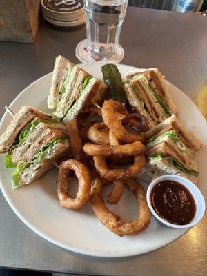 Vegan club with onion rings  at Stray Dog in Minneapolis