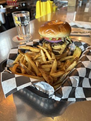 Junk burger with fries   at Stray Dog in Minneapolis