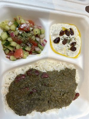 riso con spinaci e faglioli, insalata persiana e salsa allo yogurt   at Patog in North West London