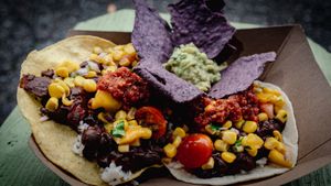 The Music Teacher: Chocolate Black Bean Mole with Mango Salsa, adobo sauce and a dollop of guacamole. at Well-Fed Ed - Food Truck in Wilmington
